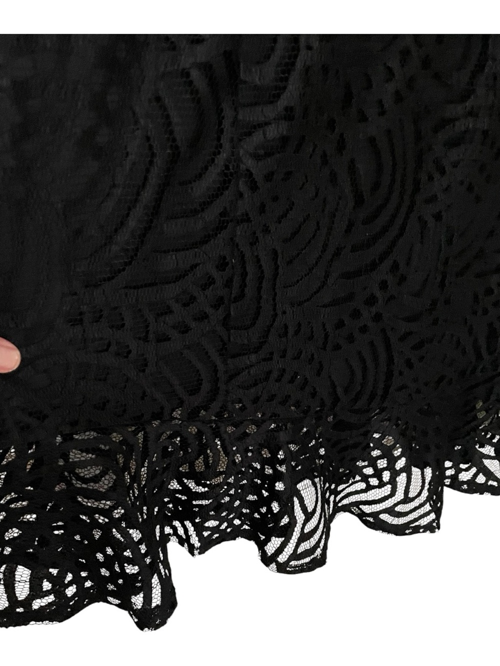 Black Lace V-Neck Dress with asymmetrical bottom and lace sleeves. 4X, 26/28W - Picture 5 of 10